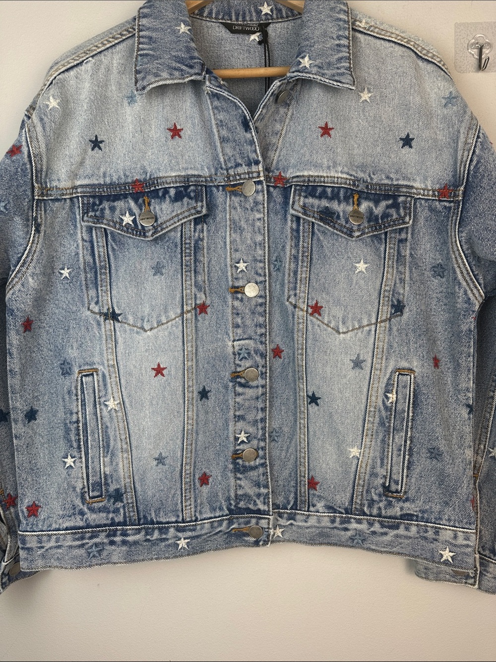 NEW DRIFTWOOD Starry Eyed Denim Blue Jean Jacket Embroidered Stars XL Cotton - Picture 5 of 16